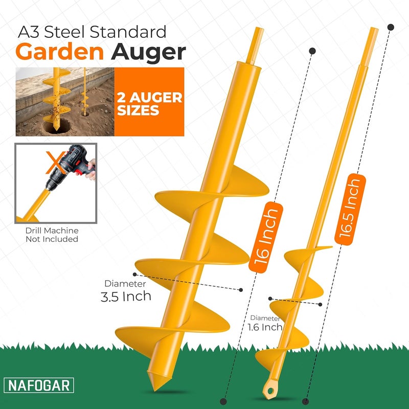 NAFOGAR Garden Auger Drill Bit for Planting - Pack of (2) - 1.6”x16.5” & 3.5”x16” – Garden Spiral Hole Digging for Planting, Bulbs, Bedding Plants & More - Compatible with 3/8 Inch Hex Drive - Image 2